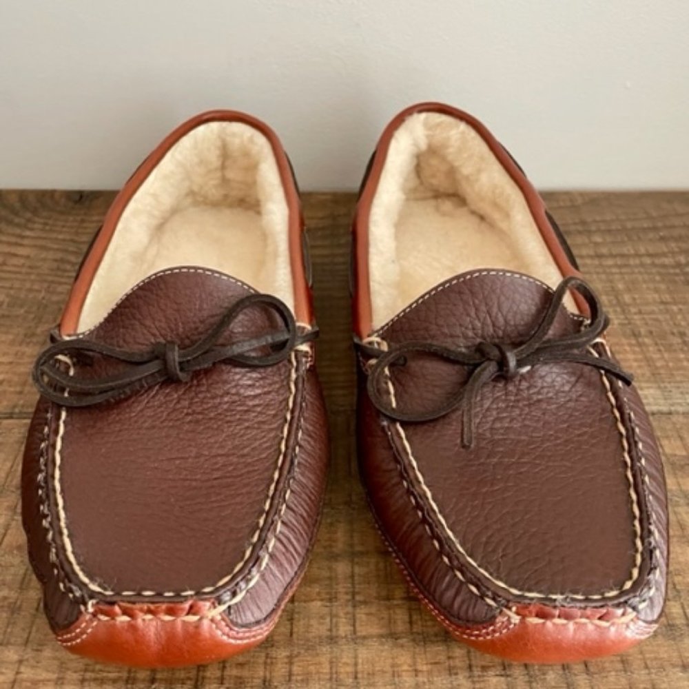 LL Bean Men's Leather Double-Sole Slippers, Shearling-Lined